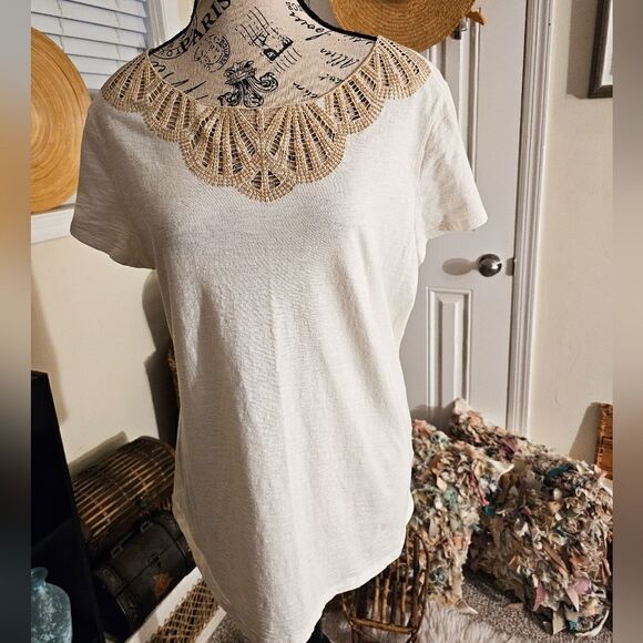 Jaclyn Smith Crochet Sequins Detail Stylish Short Sleeve Tee. - Picture 7 of 14